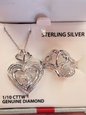 1/10 CTTW Genuine Diamond Sterling Silver Heart Necklace & Ring (8) Set NWT $250